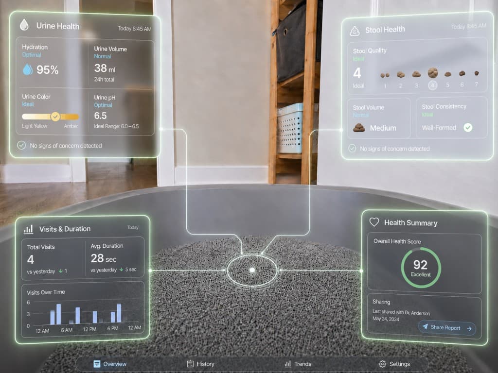 Iris AR overlay showing urine health, stool health, visit frequency, and a daily health summary above a litter box.